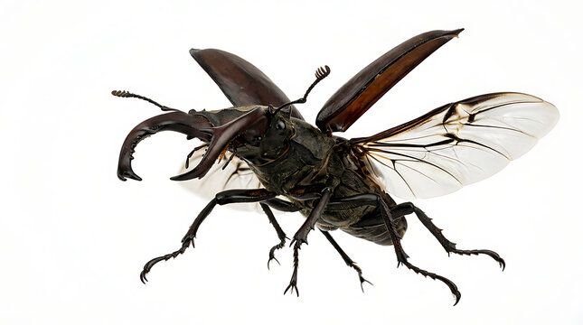 Flying stag beetle with open wings isolated on white background showing macro details of exoskeleton mandibles and wings