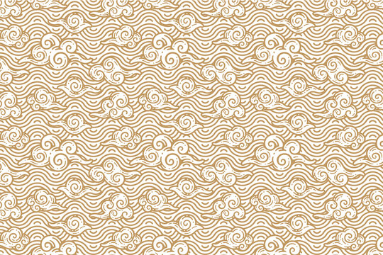 Traditional oriental style cloud pattern in gold and light beige with oriental, traditional