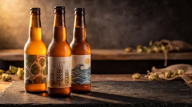 Artisan beverage showcase, three unique craft beer bottles displayed on dark slate with warm lighting