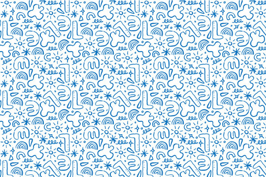 Playful hand drawn abstract blue shape pattern with abstract handdrawn seamless wallpaper