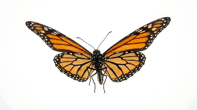 Vibrant monarch butterfly with detailed orange and black wings, captured in a clean studio shot, showcasing its delicate beauty and intricate patterns