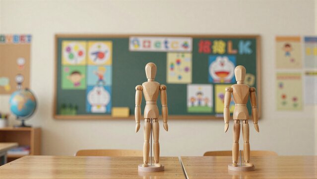Wooden dolls stand on desk in bright, colorful classroom setting.