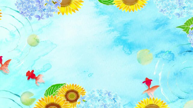 Summer Scene with Sunflowers Hydrangeas and Goldfish 4K