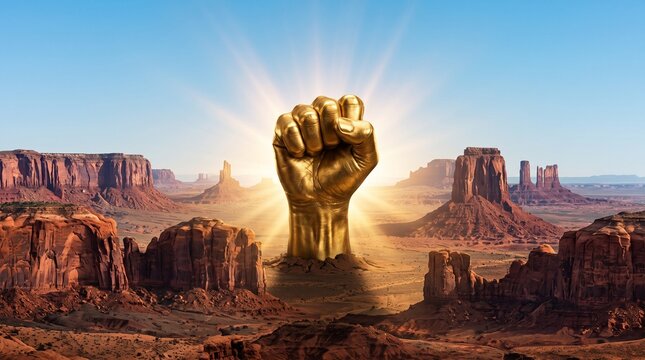 Golden fist symbolizing strength against a dramatic desert landscape