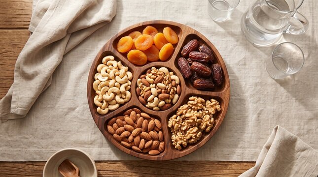 Healthy snack platter with nuts and dried fruits on rustic table