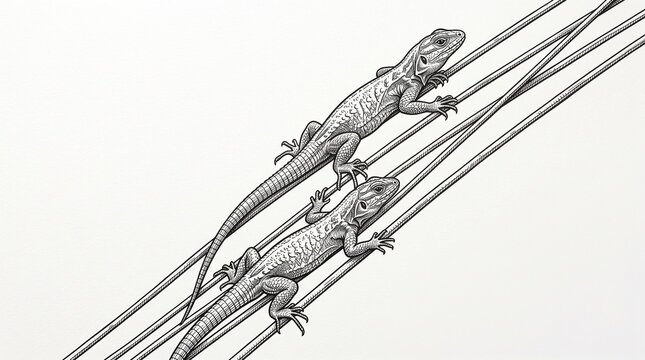 Detailed artwork featuring two lizards ascending on electrical wires