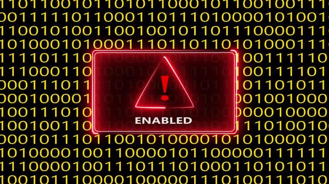 Alert enabled, warning sign pulsating in red neon, with binary code numbers flowing.