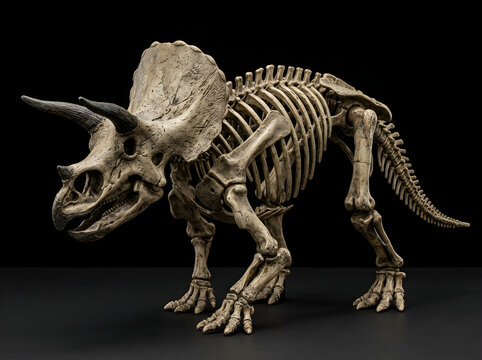 Full triceratops dinosaur skeleton fossil displayed against a black background with triceratops skeleton dinosaur paleontology prehistoric creature triassic jurassic cretaceous scientific