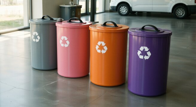 Four colorful recycling bins lined up in a modern space, promoting a sustainable lifestyle through waste management.