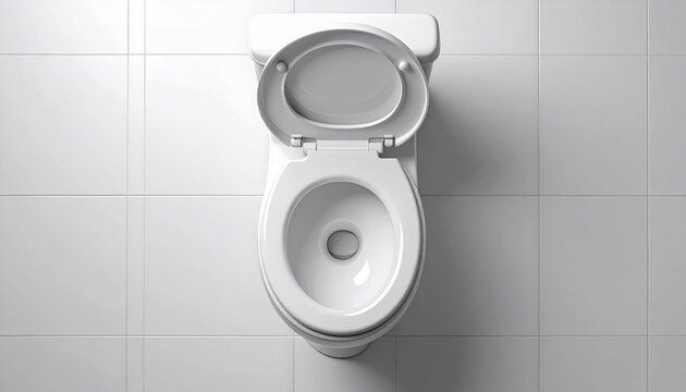 Top view of clean white ceramic toilet with open lid in tiled bathroom, overhead hygiene concept