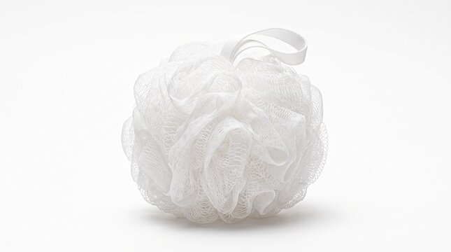 White mesh bath sponge loofah puff with a hanging loop isolated on a clean white background