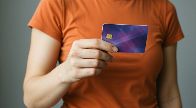 Womans hand holding a purple credit card, symbolizing online payments and personal finance transactions.