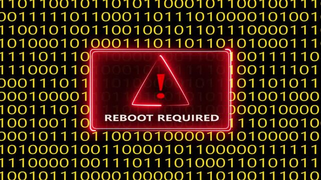Digital alert sign with reboot required message glowing over changing binary data.