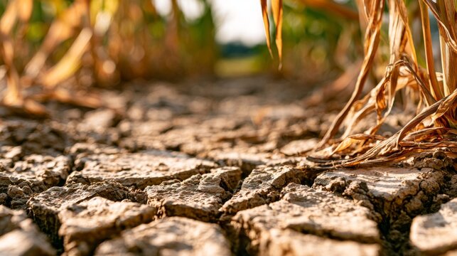 Dry cracked earth in agricultural field highlighting effects of drought, soil erosion, environmental change on crops and farming in rural landscape