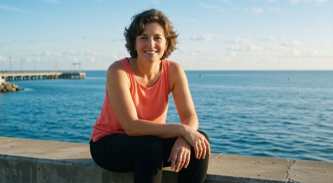 Smiling mature woman enjoying a serene moment by the sea, embodying an active aging lifestyle.