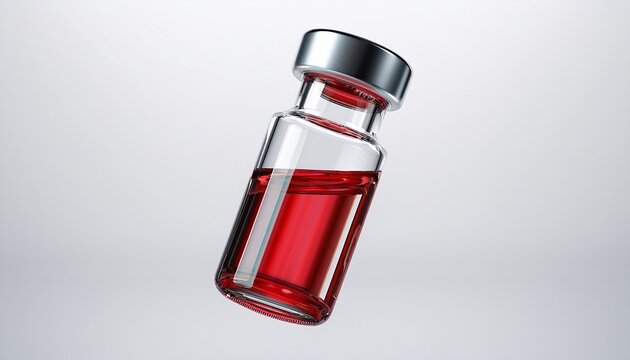 floating glass medical vial with red liquid inside isolated on white 3d render perfect for blood test concepts vaccines cosmetic serums and pharmaceutical packaging designs