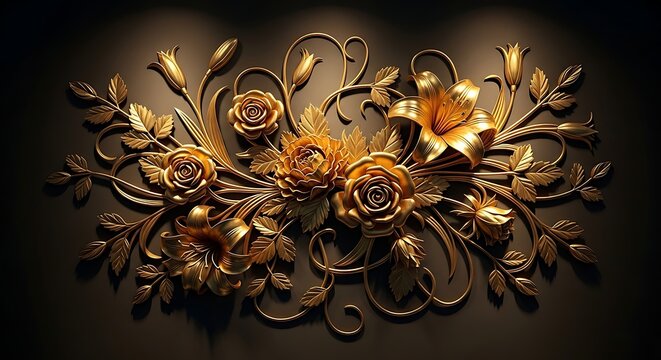 Ornate gold floral relief sculpture with roses and lilies on a dark matte background, wall decor