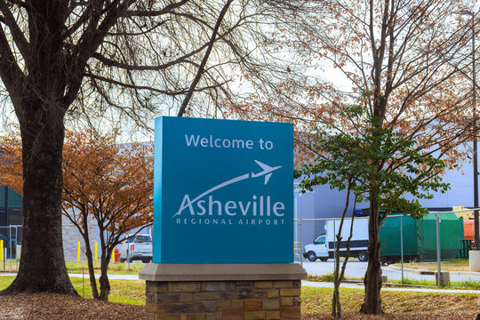 02 December 2025 Asheville, North Carolina Sign welcomes visitors to Asheville Regional Airport near Asheville, North Carolina