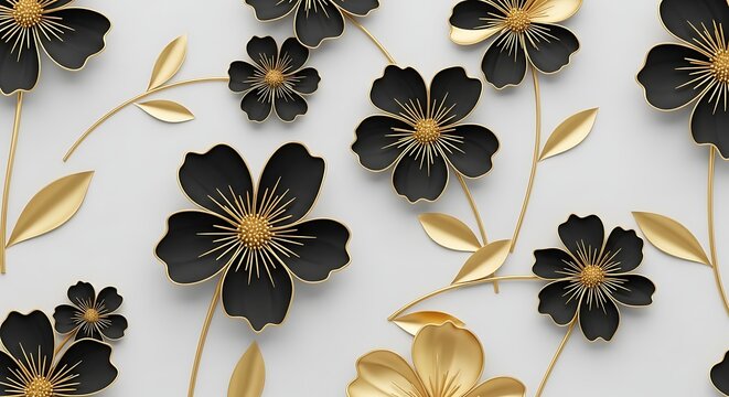 Pattern of black flowers with golden stamens and leaves on a light gray background
