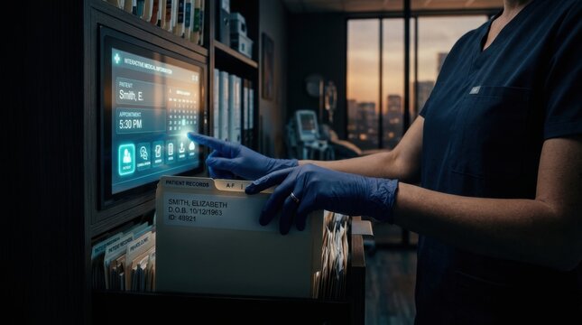 Healthcare Professional Interacting With Digital Medical Records System And Patient Files