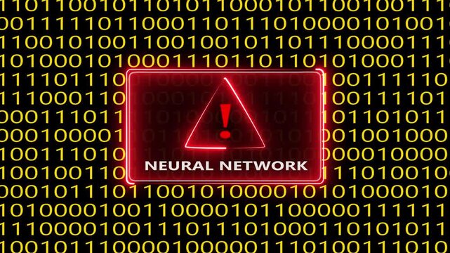 Cyber warning alert for neural network with binary code motion background.