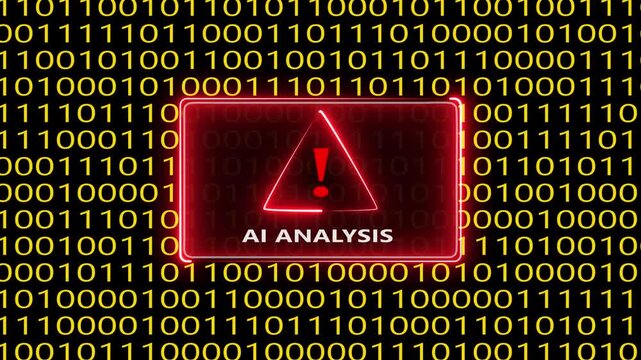 Digital warning alert screen with binary code data and AI analysis notification.