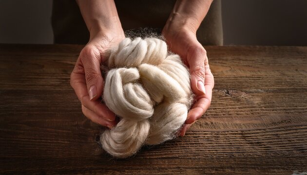 hands inspecting raw wool on wooden table
