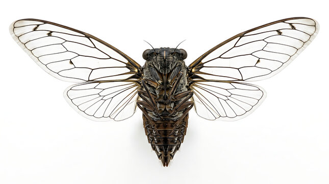 Cicada insect isolated on white background with spread transparent wings macro shot of detailed bug specimen