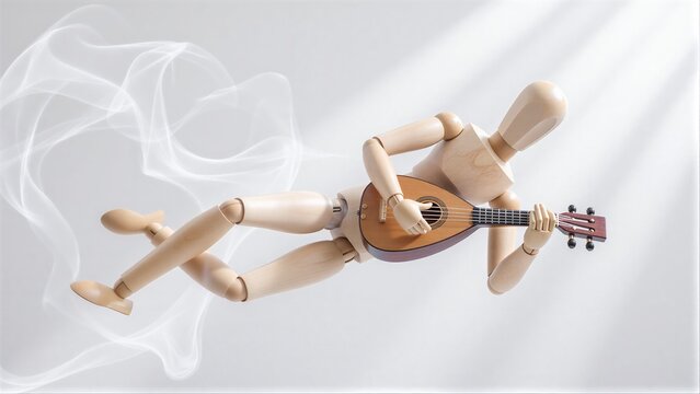 Wooden figure plays mandolin, smoke swirls around in serene white light.