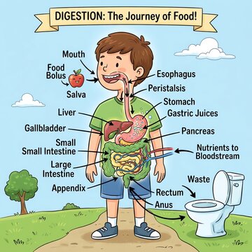 Educational Illustration of Human Digestive System and Food Journey.