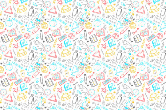 Seamless background pattern with delicate pastel sketched science and school equipment