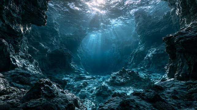 a gigantic ocean trench opening beneath the crystal blue sea, an endless abyss disappearing into darkness, colossal underwater cliffs, dramatic sun rays penetrating the water, cinematic atmosphere.