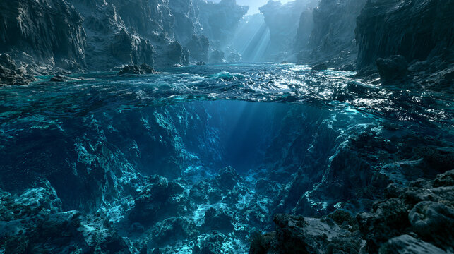 a gigantic ocean trench opening beneath the crystal blue sea, an endless abyss disappearing into darkness, colossal underwater cliffs, dramatic sun rays penetrating the water, cinematic atmosphere.