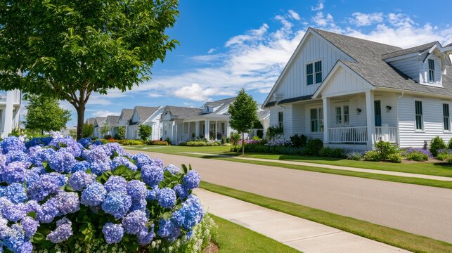 Beautiful suburban street view with blooming hydrangeas, bright blue sky, and charming white houses in a peaceful residential neighborhood