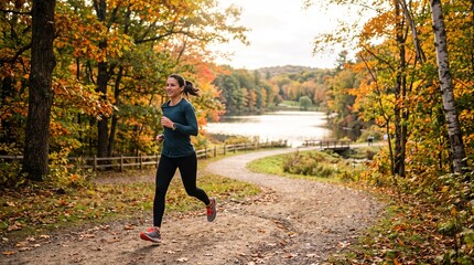Fototapeta premium Woman running on a scenic park trail during autumn with colorful foliage and a lake