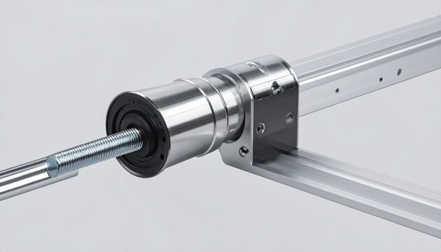 Smooth metal cylinder mechanism connected to threaded rod, mounted on aluminum rail
