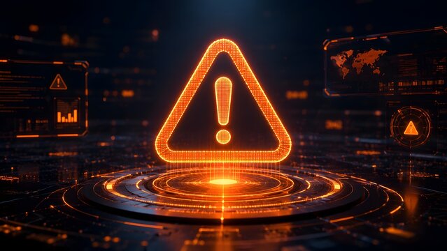 Futuristic digital caution warning sign with glowing orange neon light on advanced tech interface background