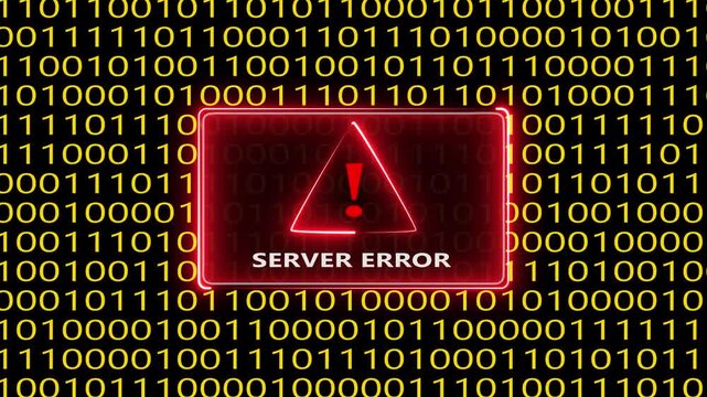 Red glowing server error warning sign displaying on digital binary code background.