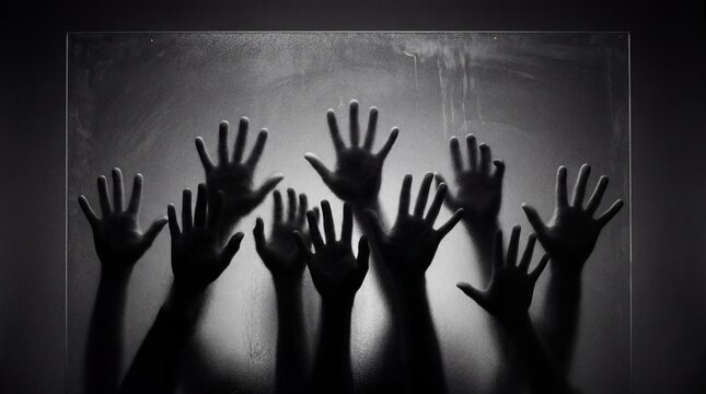 Human hands pressing against a frosted glass surface in monochrome