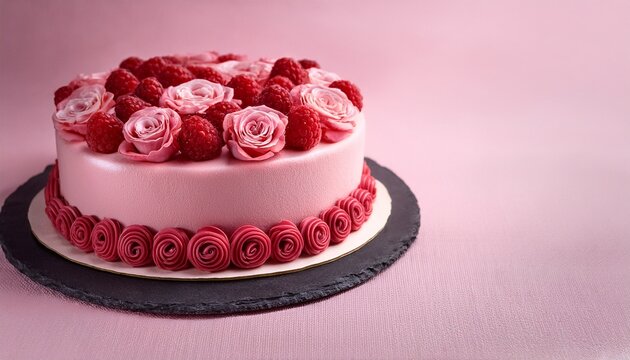 delicious pink cake adorned with roses and raspberries close up biscuit creamy pie top view bakery