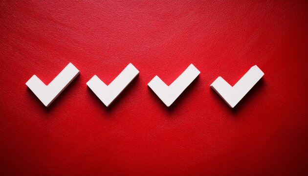 four white checkmarks align vertically on a textured red background