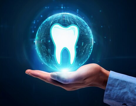 glowing tooth protected by a digital sphere in a hand