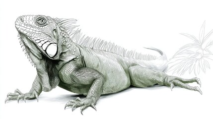 Fototapeta premium Detailed Illustration of a Green Iguana on a White Background