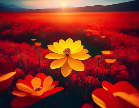 a vibrant yellow flower stands out in a vast field of red blossoms