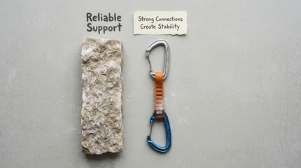 Fototapeta premium Durable climbing gear and natural stone symbolizing reliable support and strong connections, showcasing how stability is built through quality equipment and firm partnerships on a grey surface surface