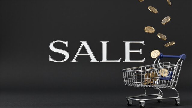 Sale sign with falling coins and a shopping cart filled with money.