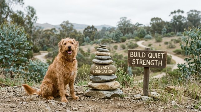 Scruffy brown dog sitting next to stacked zen stones and wooden sign with build quiet strength text in a hilly landscape, representing mental health and steady foundation for personal growth and