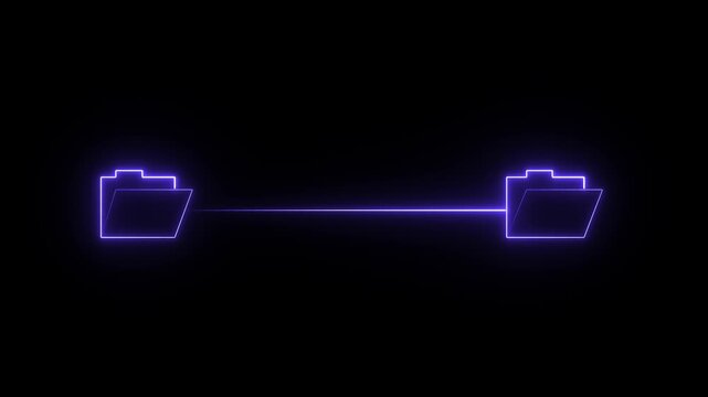 Neon folder icons connect in a linear sequence on a black background folders