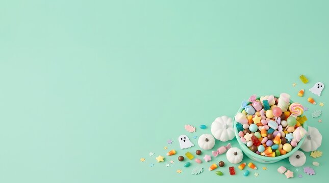 Assorted Halloween candy and treats in a bowl on mint green background