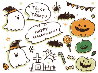 ハロウィンのシンプルでラフな手書きイラストセット © タカ